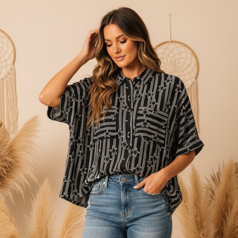 LuLaRoe Amy • Dolman Sleeve Top • 100% Rayon • Black and White Stars and Stripes